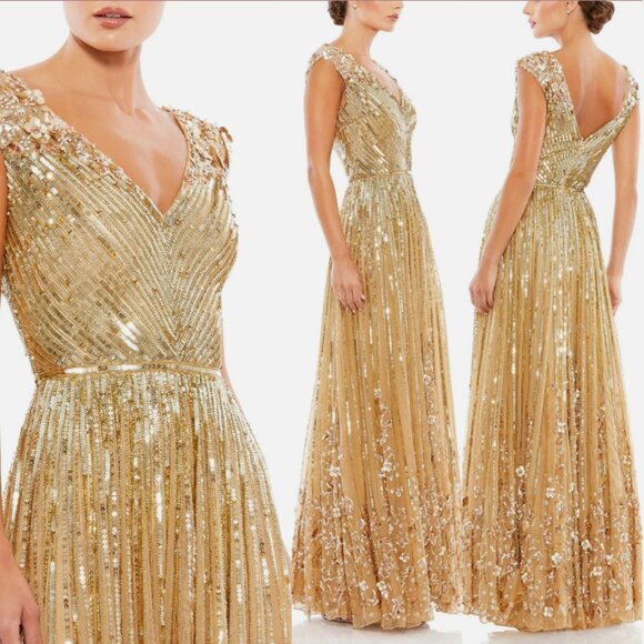 MAC DUGGAL 5223 SEQUIN FLORAL EMBELLISHED GOLD/CHAMPAGNE GOWN sz 10